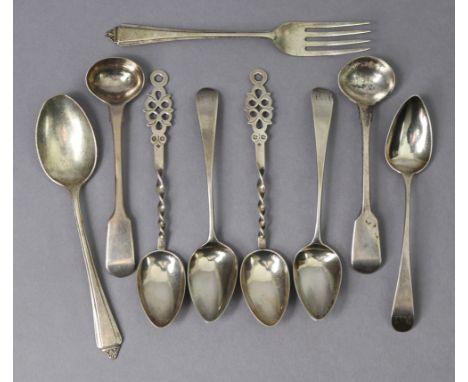 A pair of silver teaspoons by Robert Frederick Fox, with writhen stems &amp; pierced terminals, London 1921; three George III