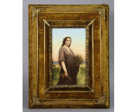 A BERLIN PORCELAIN RECTANGULAR PLAQUE, finely painted with a three-quarter length portrait of Ruth after Landelle, signed “R.
