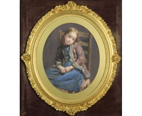 WILLIAM HENRY HUNT (1790-1864).  A three-quarter length portrait of a young girl, wearing blue dress &amp; pink cardigan, sea