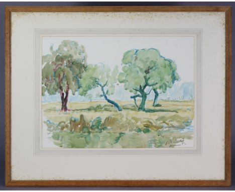 ROALDN OSSORY DUNLOP, R.A. (1894-1973). “By The Thames, Chertsey”, Watercolour; signed in charcoal lower right; 14½” x 19½”, 