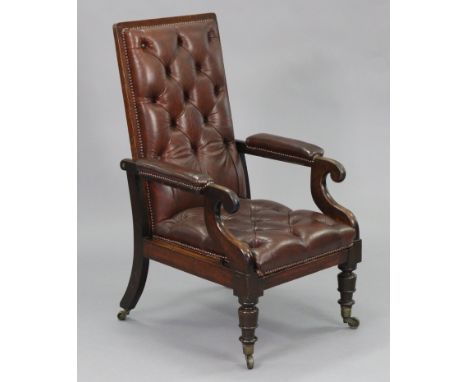 A William IV mahogany-frame reclining open armchair, with buttoned seat &amp; back &amp; padded arms upholstered dark brown l