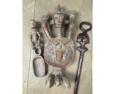 Three African Carvings to include large figure and walking stick.