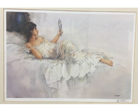 E R Sturgeon signed print of woman on bed with mirror, after Sir William Russel Flint.