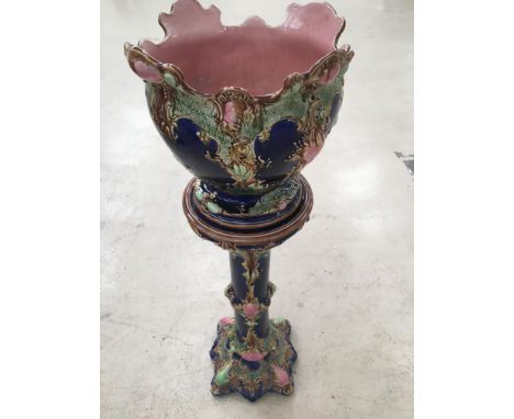 Large 19th C Blue Majolica Planter and stand, planter in mint condition, the stand has an old repair to the stand but is stru