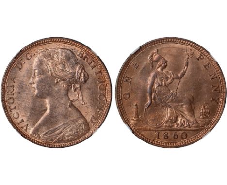 British Coins, Victoria, penny, 1860, toothed border, A over A in VICTORIA, young head l., signature on cape, colon dots afte