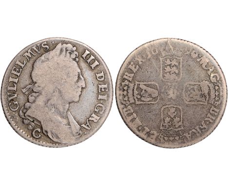 British Coins, William III, shilling, 1696C, Chester mint, third laur. bust r., C below, rev. crowned cruciform shields (S.34