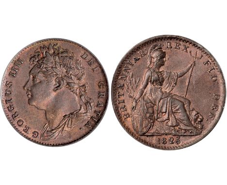 British Coins, George IV, farthing, 1825, the 5 possibly over 5, laur. head l., rev. Britannia std. r., with shield and tride