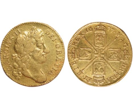 British Coins, Charles II, guinea, 1677, fourth laur. bust r., rev. crowned cruciform shields, sceptres in angles (S.3344), g