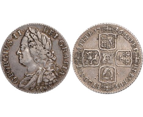 British Coins, George II, shilling, 1746/5, LIMA, old laur. and dr. bust l., LIMA below, rev. crowned cruciform shields (S.37