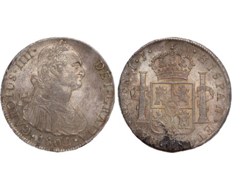 Foreign Coins, Peru, Carlos IV, 8 reales, 1802IJ, Lima, bust r., rev. crowned shield of arms flanked by pillars (KM.97), a li