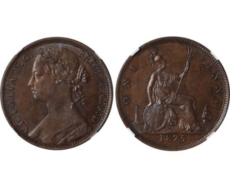 British Coins, Victoria, penny, 1875, young head l., older portrait, only half of the fabric rose now shows, tie ribbons near