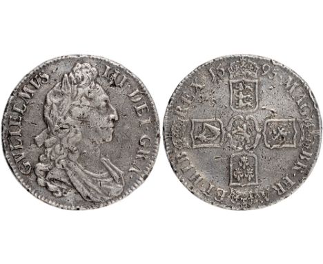 British Coins, William III, crown, 1695, SEPTIMO, first laur. and dr. bust r. rev. crowned cruciform shields (S.3470), many s