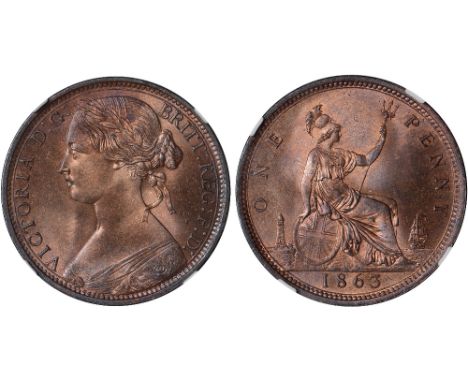 British Coins, Victoria, penny, 1863, young head l., rev. Britannia std. r. with shield and trident (S.3954; M. BP1863 C; F.4