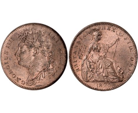 British Coins, George IV, farthing, 1825, D over U in DEI, laur. head l., rev. Britannia std. r., with shield and trident (S.