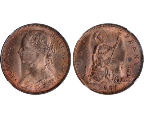 British Coins, Victoria, penny, 1881H, Heaton mint, young head l., tip of the right tie-ribbon points downwards, rev. Britann