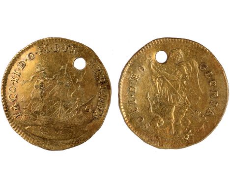 British Coins, James II (1685-1688), gold touch piece, Tower (London) mint, three-masted ship sailing l., rev. Archangel Mich