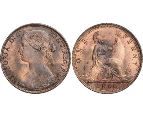 British Coins, Victoria, penny, 1860, toothed border, young bust l., signature below cape, colon dots: after G: of D: G: to a