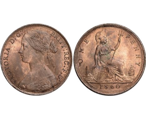 British Coins, Victoria, penny, 1860, toothed border, young bust l., signature below cape, colon dots : after G: of D: G: to 