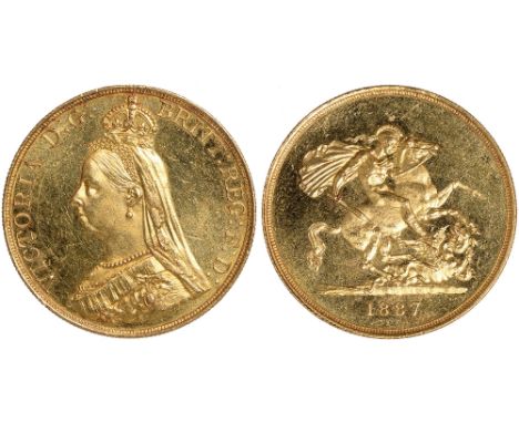 G British Coins, Victoria, five pounds, 1887, ‘Jubilee’ bust l., rev. St. George and the dragon (S.3864), some light scuffing