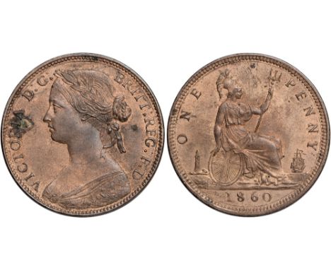 British Coins, Victoria, penny, 1860, toothed border, young bust l., signature on cape, colon dots : after G: of D: G: to a g