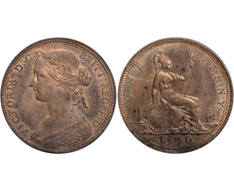 British Coins, Victoria, penny, 1860, toothed border, young head l., signature on cape, colon dots : after G: of D: G: to a t