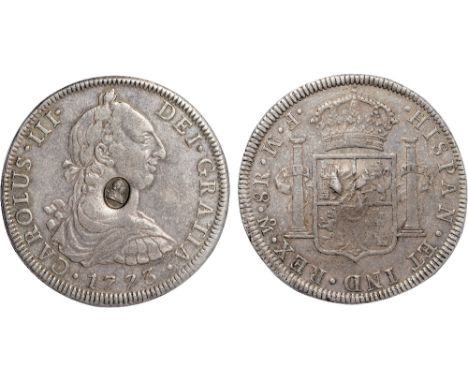 British Coins, George III, dollar, oval countermarked on portrait 8 reales of Charles III, 1773FM, Mexico City (S 3765A; ESC.