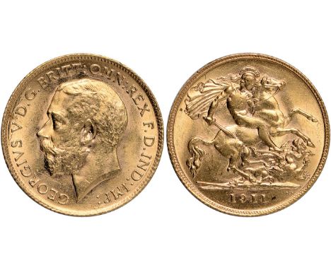 G British Coins, George V, half sovereign, 1911P, bare head l., rev. St. George and the dragon, P above date (S.4008), light 