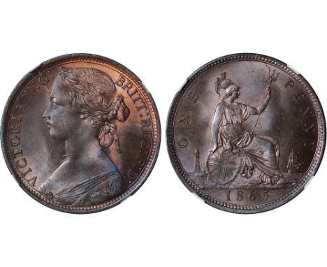 British Coins, Victoria, penny, 1865, young head l., rev. Britannia std. r. with shield and trident (S.3954; M. BP1865 A; F.5