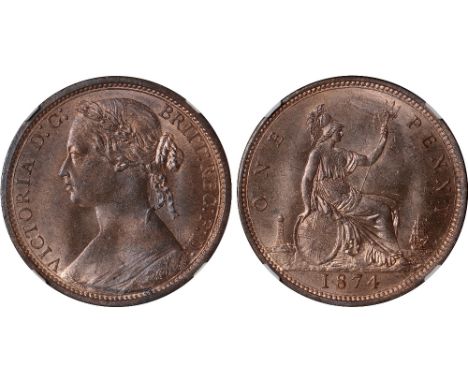 British Coins, Victoria, penny, 1874, young head l., older portrait, only half of the fabric rose now shows, small gap betwee