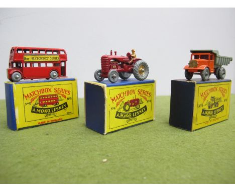 Three Boxed Matchbox Early 1-75 Series Moko Lesney Models, comprising of No 4 Massey Harris tractor, No 5 London Bus 'Buy Mat