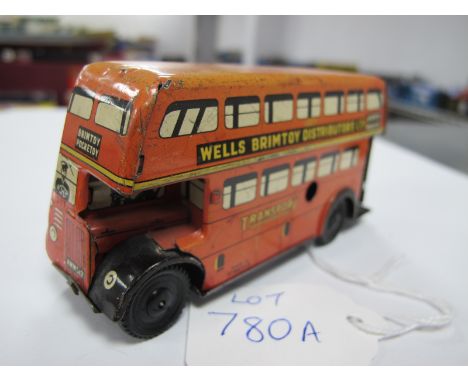 A Tinplate Clockwork London Bus Pocket Toy, by Wells Brimtoy Distributors Ltd, missing key, untested.