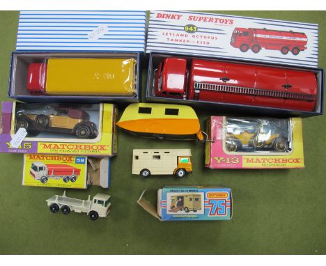 Six Boxed/Cased Diecast Vehicles, Atlas Dinky's Ref No's 920 (Heinz Guy), 943 (Leyland Esso Tanker), Matchbox Y13 (Daimler), 