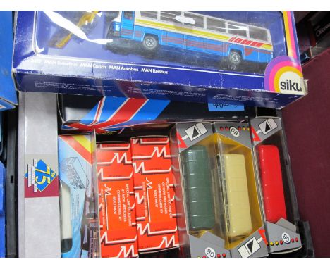 Nine Diecast Model Buses, by Corgi, Matchbox, Siku, Solido including Siku 3417 Man Coach, Matchbox Superkings K-15 Bus 'Milky