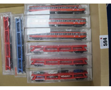 Eight Fleischmann 'N' Gauge Rolling Stock Items, including DB Auto Zug Car Transporter and eight Cars, # 8159K-LN IC Second O