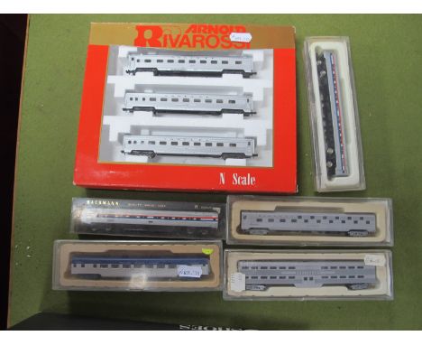Eight 'N' Gauge Outline American Coaches,  by Rivarossi, Bachmann, Con-Cur, Amtrak and Sante Fe liveries noted, boxed.