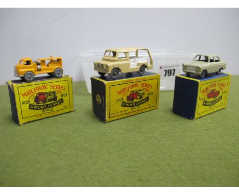 Three Boxed Matchbox Early 1-75 Series Moko Lesney Models, comprising of No 28 Bedford compressor, orange body, chipping to p