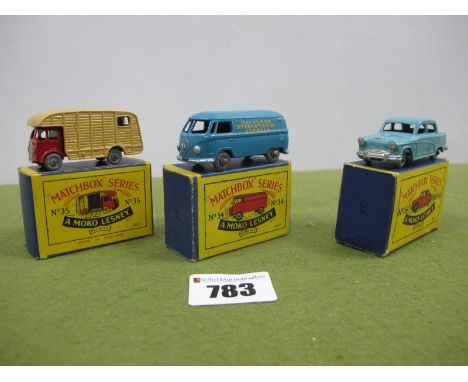 Three Boxed Matchbox Early 1-75 Series Moko Lesney Models, comprising of No 34 Volkswagen 15 cwt van, blue body 'Matchbox Int