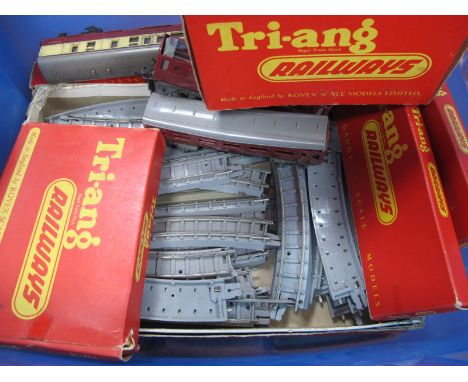 A Small Quantity of 'OO' Gauge/4mm Triang Track, two boxed points, a Ref R76 engine shed, R70 crossing, plus four poor coache