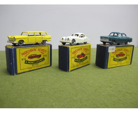 Three Boxed Matchbox Early 1-75 Series Moko Lesney Models, comprising of No 31 American Ford Station Wagon, yellow body, mult