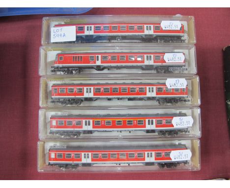 Five Fleischmann 'N' gauge Outline German Coaches/Cab Coach Of The DB AG, including # 8146K 2nd Class Cab Coach, cased.