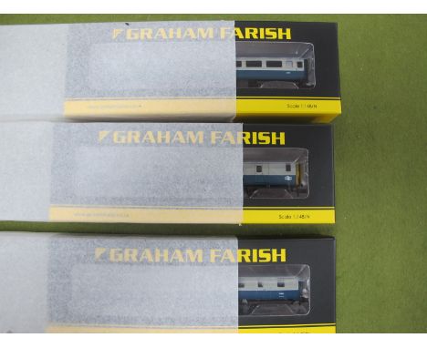 Three Graham Farish 'N' Gauge BRK2F Open Coaches, comprising of #374-650, #374-690, #374-735, boxed, as new.