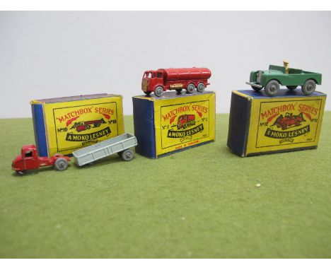 Three Boxed Matchbox Early 1-75 Series Moko Lesney Models, comprising of No 10 Scammell mechanical horse, red cab, gold trim,