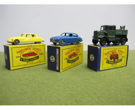 Three Boxed Matchbox Early 1-75 Series Moko Lesney Models, No 64 a Scammmell breakdown truck, olive green body, pen writing t