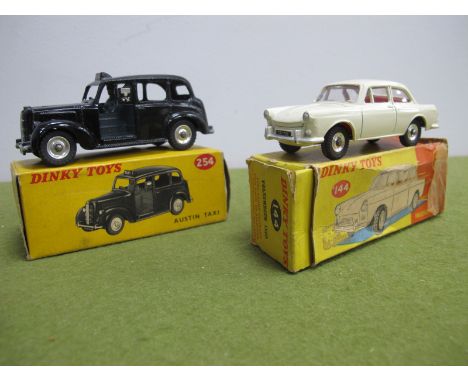 Two Boxed Dinky Toys Diecast Model Vehicles, comprising of #144 Volkswagen 1500, off white body, red interior, black base, no