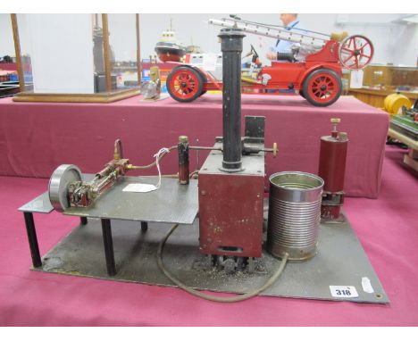 A Stationary Live Steam Engine/Plant, 5 x 17cm horizontal encased boiler, fitted pressure gauge, sight level, regulator etc, 