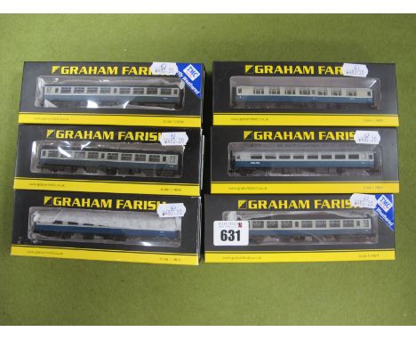 Six Graham Farish 'N' Gauge BR MK2 Coaches, including #374-735 BR MK2A T50 Tourist Second Open coach, blue and grey, 'Inter C