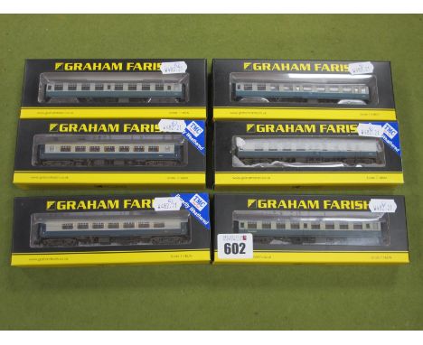Six Graham Farish 'N' Gauge BR MK1 Coaches, including #374-066 BR MKI SK Second Corridor, blue and grey, Scotrail branding, w