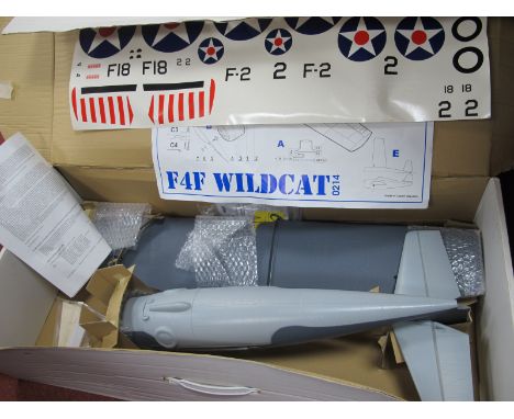 A Alfa Model F4F Wildcat Semi Scale Model Aircraft Kit, includes motor, decals, appears unflown, literature, boxed, 625mm lon
