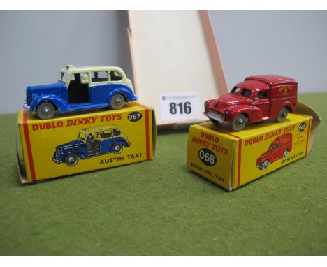 Two Boxed Dublo Dinky Toys, #068 Royal Mail van, pen writing to inner box flap, #067 Austin taxi, pen writing to inner box fl