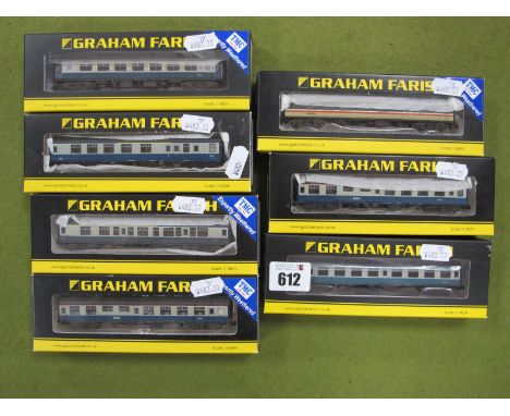 Seven Graham Farish 'N' Gauge BR Coaches, including, #374-110 MKI RMB Mini Buffet Car, BR blue and grey, boxed.